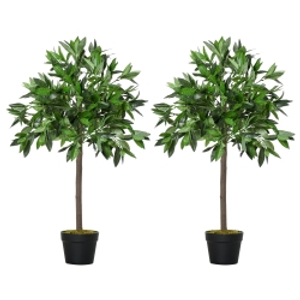 Outsunny Artificial Bay Laurel Topiary Trees w/ Pot Fake, Set Of 2 90cm/3FT Indoor Greenery Plant Home Office Garden Decor Green