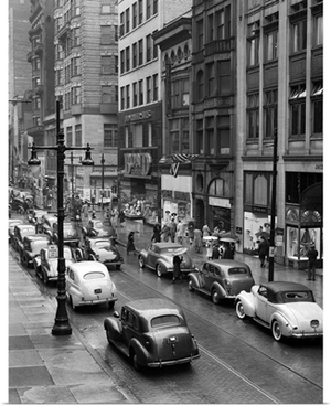 1940's Rainy Day On Chestnut Street Philadelphia Pa Cars Pedestrians Storefronts