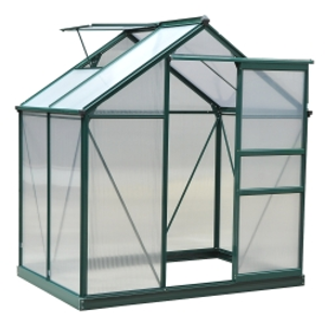 Outsunny 6 x 4ft Polycarbonate Greenhouse, Large Walk in Green House with Slide Door and Window, Garden Plants Grow House with Aluminium Frame and Foundation, Dark Green