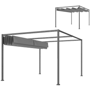 Outsunny 4 x 3(m) Metal Outdoor Pergola with Retractable Roof, Outdoor Gazebo with Drainage Holes for Garden, Patio, Lawn, Grey
