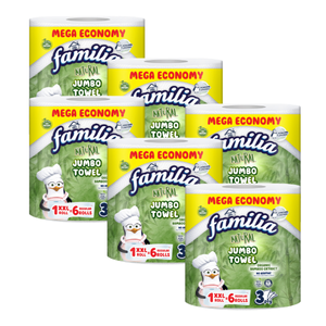 6 x Familia 3ply Embossed Perforated Jumbo Kitchen Roll Towel 480 Sheets