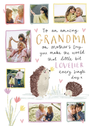 Cute Illustration Of Hedgehogs Among Flowers Grandma's Photo Upload Mother's Day Card