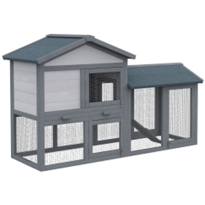 PawHut Wooden Rabbit Hutch Outdoor, Double Tier with Water-Resistant Roof, Ramp 147 x 54 x 84 cm, Grey