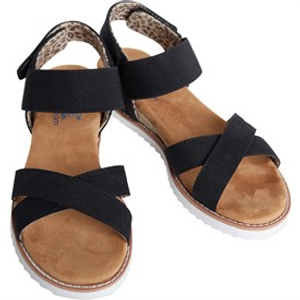 SKECHERS Womens BOBS Desert Kiss Secret Picnic Wedge Sandals Black Linen