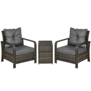 Outsunny 3 Pieces Rattan Bistro Set, Wicker Garden Furniture Set with Storage Coffee Table and Chairs, Thickened Cushions for Outdoor, Patio, Balcony, Grey