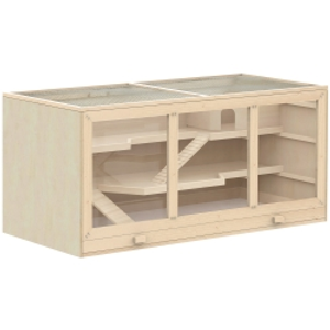 PawHut Wooden Hamster Cage, Small Animals Hutch with Tray, Openable Top, Exercise Play House Pen, 115L x 57W x 55Hcm, Natural