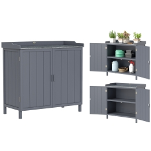 Outsunny Wood Garden Storage Cabinet, Outdoor Tool Shed, Potting Bench Table with galvanised Top and Two Shelves for garden Tools or Pool Accessories, Grey