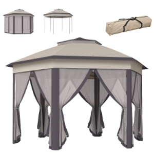 Outsunny Hexagon Garden Gazebo - Pop Up Outdoor Patio Double Roof Instant Shelter with Netting, 3 x 4m, Beige