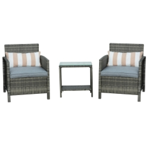 Outsunny 3 Pieces Rattan Bistro Set, Wicker Garden Furniture Set, Glass Top 2-tier Coffee Table and Chairs Set with Pillows and Washable Cushions for Outdoor, Patio, Balcony, Grey