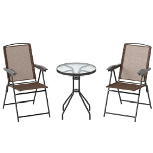Outsunny 3 Piece Outdoor Bistro Set, Patio Conversation Furniture Set with 2 Folding Backrest Adjustable Armchairs and Glass Top Coffee Table, Brown
