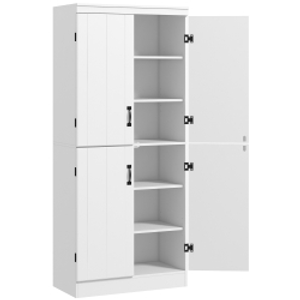 HOMCOM 4-Door Tall Kitchen Cupboard, Freestanding 6-Tier Storage Cabinet with 2 Adjustable Shelves for Living Room, Dining Room, White