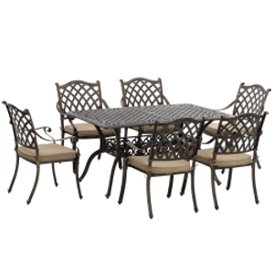 Outsunny 7 PCs Garden Patio Dining Set with Parasol Hole, Cast Aluminium Outdoor Furniture Set with Six Cushioned Chairs and Rectangle Dining Table, for Garden, Lawn, Deck, Bronze Tone