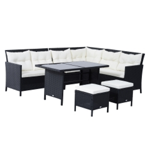 Outsunny 8-Seater Garden Rattan Furniture Rattan Corner Dining Sofa Set Wicker Conservatory Furniture Lawn Patio Coffee Table Foot Stool w/Cushion-Black