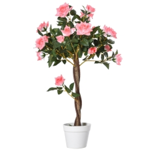 Outsunny 90cm/3FT Artificial Rose Tree Fake Decorative Plant w/ 21 Flowers Pot Indoor Outdoor Faux Decoration Pink & Green