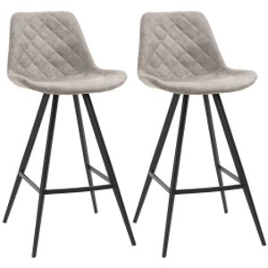 HOMCOM Set Of 2 Bar Stools Vintage Microfiber Cloth Tub Seats Padded Comfortable Steel Frame Footrest Quilted Home Bar Cafe Kitchen Chair Stylish Grey