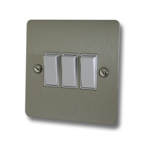 Flat Brushed Steel Light Switch (3 Gang/White Switches)