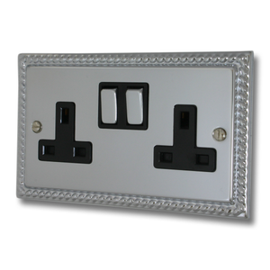 Georgian Polished Chrome Double Socket (Black Insert/Chrome Switches)