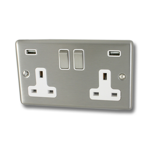 Contour Stainless Steel Double Socket with USB (White Insert/Satin Chrome Switches)