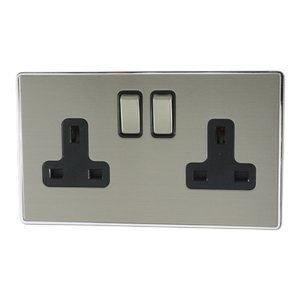 Screwless Brushed Steel Socket (2 Gang)