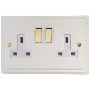 Georgian White Double Socket (White Insert/Polished Brass Switches)