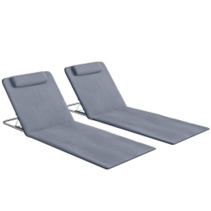 Outsunny Set of 2 Foldable Garden Beach Chair Mat Lightweight Outdoor Sun Lounger Seats Adjustable Back Metal Frame PE Fabric Head Pillow w/ Carry Bag,Grey