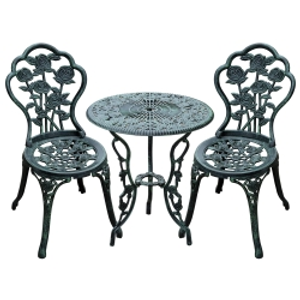 Outsunny Cast Aluminium Outdoor Patio Garden Bistro Elegant Design Table Chair Set - Green (3-Piece)