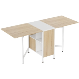 HOMCOM Foldable Drop Leaf Dining Table Folding Workstation for Small Space with Storage Shelves Cubes Oak & White