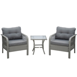 Outsunny 3 Pieces Rattan Bistro Set with Glass Top Coffee Table, Chairs and Cushions for Outdoor, Patio, Balcony, Grey