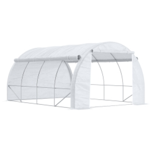 Outsunny 4 x 3 x 2 m Polytunnel Greenhouse w/ Roll-up Side Walls, Steel Frame Walk-in Grow House Tent w/ Zippered Door and 8 Windows and Reinforced Cover for Garden and Backyard, White
