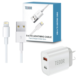 USB Type-A To Lightning Cable Charging & Data Sync for iPhone /iPad / iPod (2m) with 20W Dual Port USB-C & USB-A Power Adapter PD QC 3.0 Wall Charger