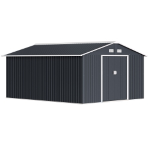 Outsunny 13 x 11ft Garden Metal Storage Shed, Outdoor Storage Tool House with Ventilation Slots, Floor Foundation and Lockable Double Doors, Grey