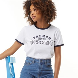 French Connection Womens Ringer Collegiate T-Shirt White/Dark Navy