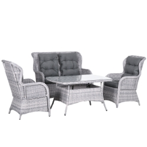 Outsunny Garden PE Rattan Dining Sofa Set, Outdoor 4 Seater Wicker Furniture, High Back Chairs with Cushions, Tempered Glass Coffee Table for Patio, Mixed Grey