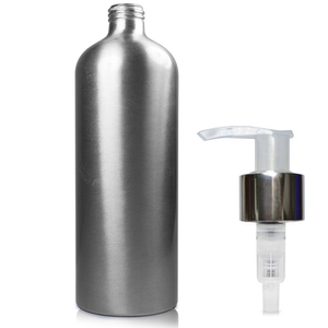 500ml Brushed Aluminium Metal Bottle With Glossy Lotion Pump - Natural & Silver