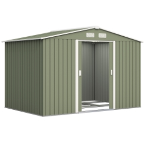 Outsunny 9 x 6ft Garden Metal Storage Shed, Outdoor Storage Tool House with Ventilation Slots, Floor Foundation and Lockable Double Doors, Light Green