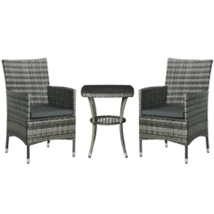 Outsunny 3 Pieces Rattan Bistro Set, Wicker Garden Furniture Set with 2-Tier Coffee Table and Chairs, Washable Cushions, for Outdoor Patio Balcony, Mixed Grey