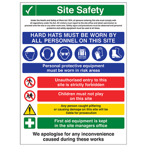 Warning Building Site - Multi Hazard site safety Hard Hats - 450 x 600mm