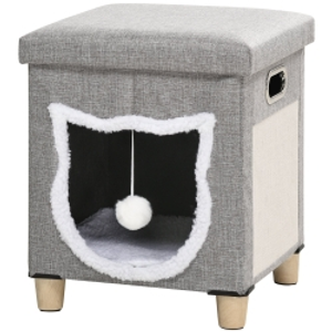 PawHut Cat House Cave, Cat Bed Cube with Scratching Pad, Soft Detachable & Washable Cushion, Toy Ball, for Indoor Kittens, Grey