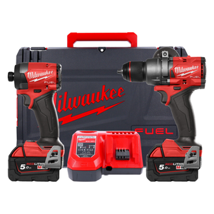 Milwaukee M18FPP2A3-502X 18V Cordless FUEL Combi Drill & Impact Driver Twin Kit With 2 x 5.0Ah Batteries, Charger & Case