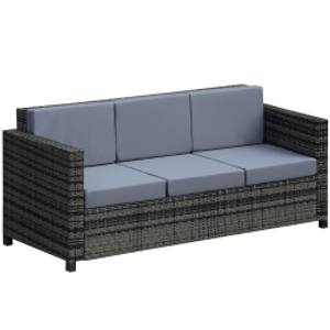Outsunny 3 Seater All Weather Outdoor Sofa, Garden Rattan Sofa with Cushions and Mental Frame, Grey