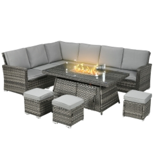 Outsunny All-Season Fire Pit Patio Furniture Set Wicker Sofa Set With 50000 Btu Fire Table For Outdoor Gatherings - Grey