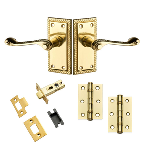 Georgian Scroll Lever Door Handle on Short Backplate - Polished Brass - Complete Door Pack - Designer Levers