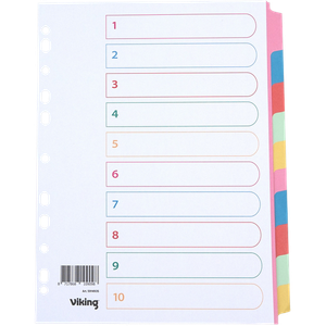 Viking Standard Blank Dividers A4 Assorted 10 Part 160 gsm Cardboard 11 Holes 10 Sheets