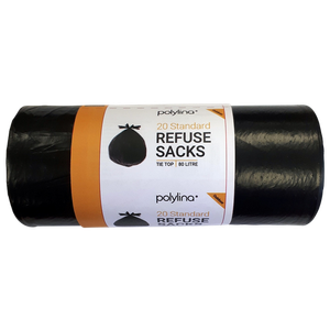Polylina Tie Top Bin Bags 80 L Black PE (Polyethylene) 22 microns Pack of 20