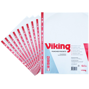 Viking Punched Pockets  A4 Embossed Transparent 80 microns PP (Polypropylene) Side Opening 11 Holes Pack of 25