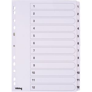 Viking Mylar 1 to 12 Numerical Dividers A4 White 12 Part Cardboard 11 Holes