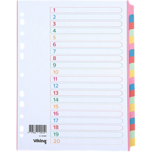 Viking Standard Blank Dividers A4 Assorted 20 Part 175 gsm Cardboard 11 Holes 20 Sheets