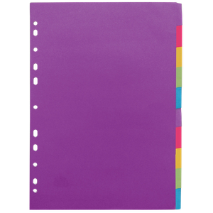 Concord Blank Dividers A4 Assorted 10 Part 320 gsm Cardboard 11 Holes 10 Sheets