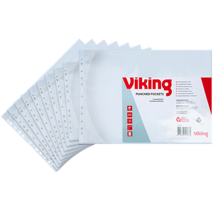 Viking Premium Punched Pockets A3 Landscape Clear Transparent 110 microns PP (Polypropylene) Top Opening 11 Holes Pack of 10