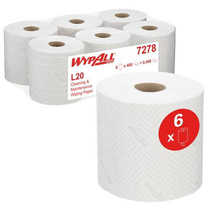 WypAll L20 General Clean White Centrefeed Roll Medium Duty Wipes 2 Ply 7278 6 Rolls x 400 Paper Wipers
